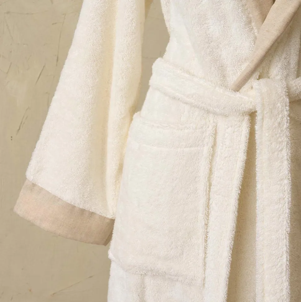 Accappatoio con Collo a Scialle in Spugna di Cotone e Balza in Lino - Mellow