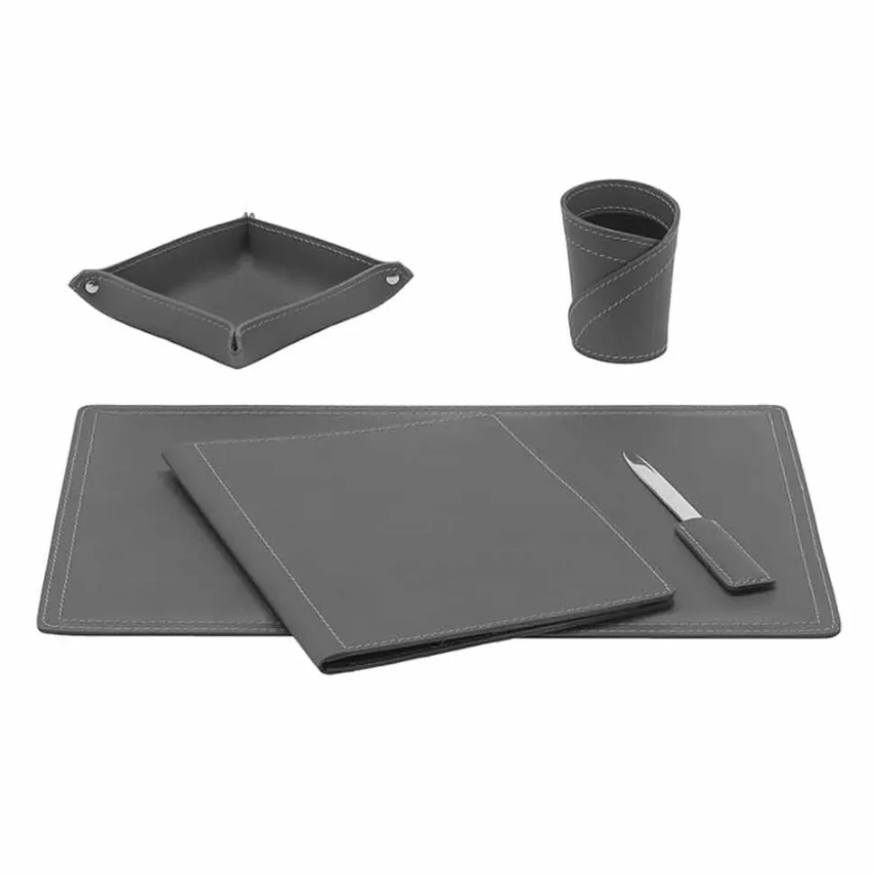 Accessori Scrivania Ufficio in Cuoio Rigenerato, 5 pz, Made in Italy - Ascanio