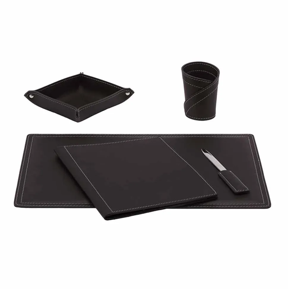 Accessori Scrivania Ufficio in Cuoio Rigenerato, 5 pz, Made in Italy - Ascanio
