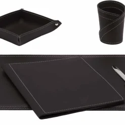 Accessori Scrivania Ufficio in Cuoio Rigenerato, 5 pz, Made in Italy - Ascanio