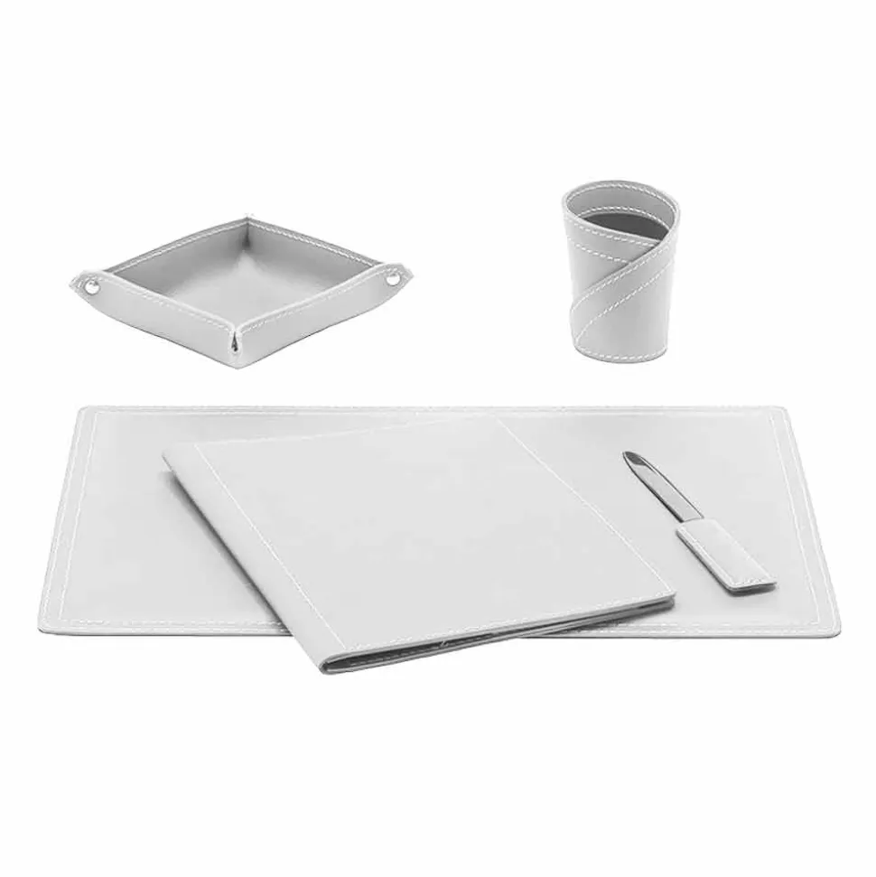 Accessori Scrivania Ufficio in Cuoio Rigenerato, 5 pz, Made in Italy - Ascanio