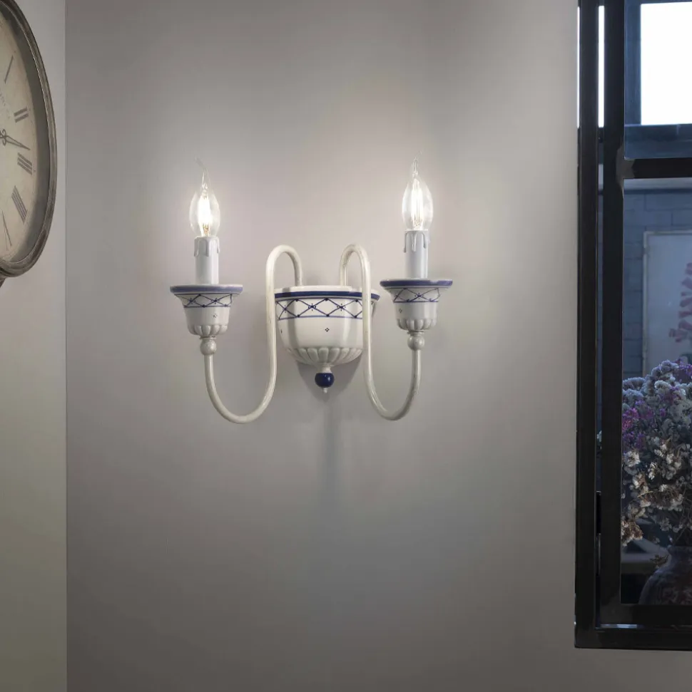 Applique a Muro a 2 Luci in Ceramica e Ottone Dipinta a Mano - Sanremo