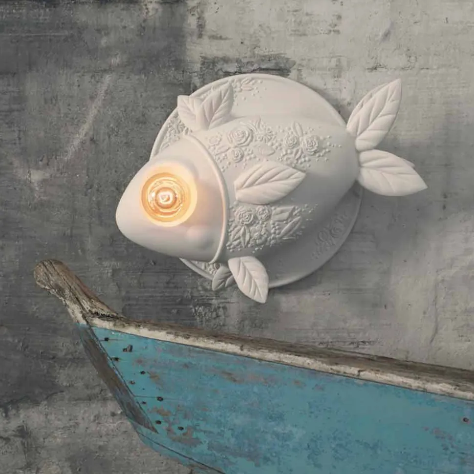 Applique a Parete in Ceramica Bianca Opaca Design a Pesce Decorato - Pesce