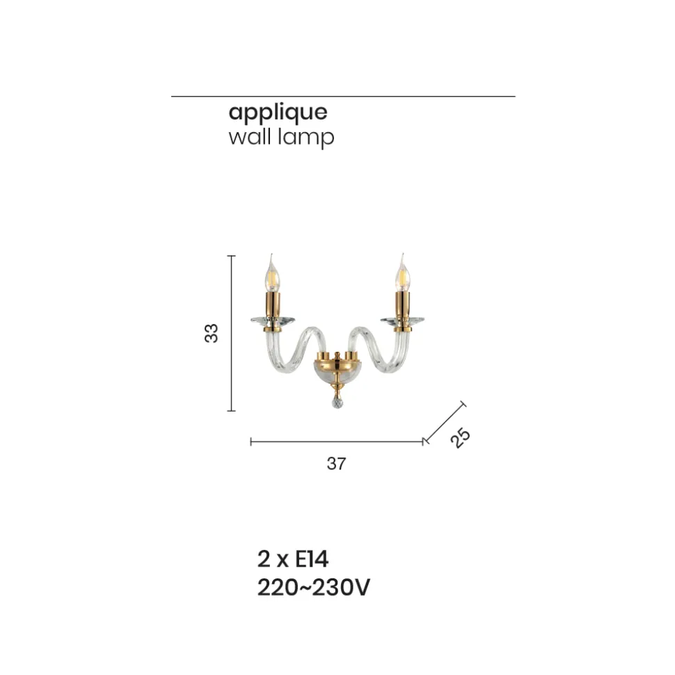 Applique Classica 2 Luci Vetro Italiano Lavorato a Mano e Metallo - Rapallo