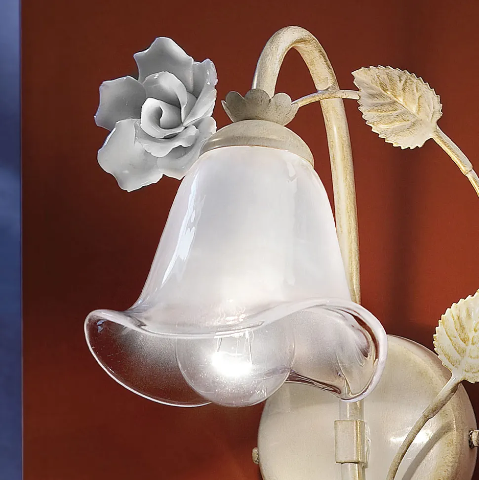 Applique in Ferro e Vetro Sabbiato con Rosa di Decoro in Ceramica - Siena
