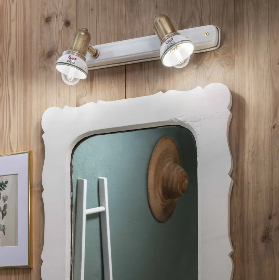 Applique Lineare a 2 Faretti in Ottone e Ceramica Dipinta a Mano - Savona