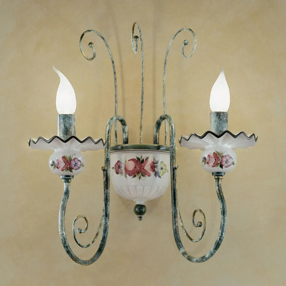 Applique 2 Luci in Ceramica Decorata a Mano e Ottone Anticato - Sanremo