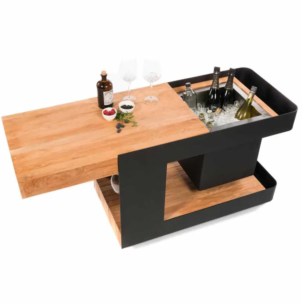 Bar Mobile Moderno su Ruote Design con Tavolo in Legno e Acciaio - Giancalliope