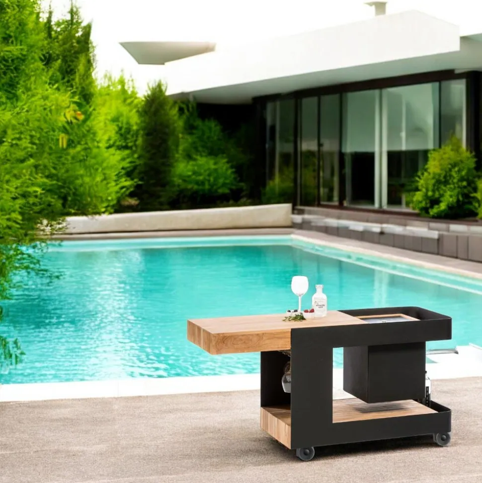 Bar Mobile Moderno su Ruote Design con Tavolo in Legno e Acciaio - Giancalliope