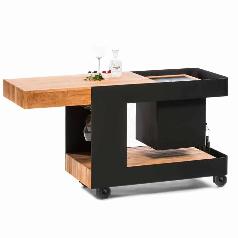 Bar Mobile Moderno su Ruote Design con Tavolo in Legno e Acciaio - Giancalliope