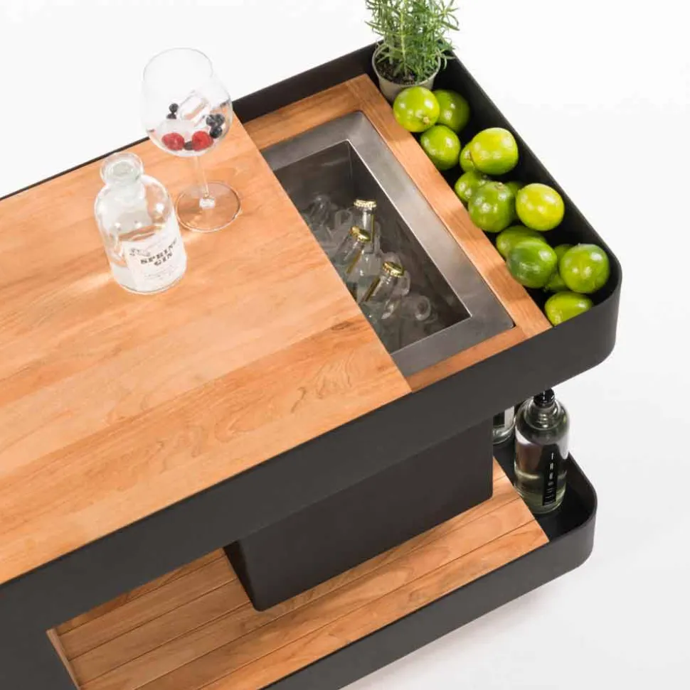 Bar Mobile Moderno su Ruote Design con Tavolo in Legno e Acciaio - Giancalliope