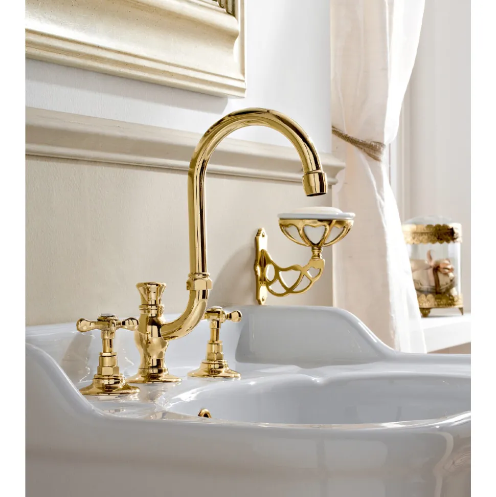 Batteria Lavabo a 3 Fori Bocca Alta in Ottone Fatto a Mano Classico - Fioretta