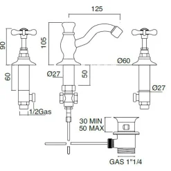 Batteria Lavabo a 3 Fori con Scarico in Ottone Fatto a Mano Classico - Fioretta