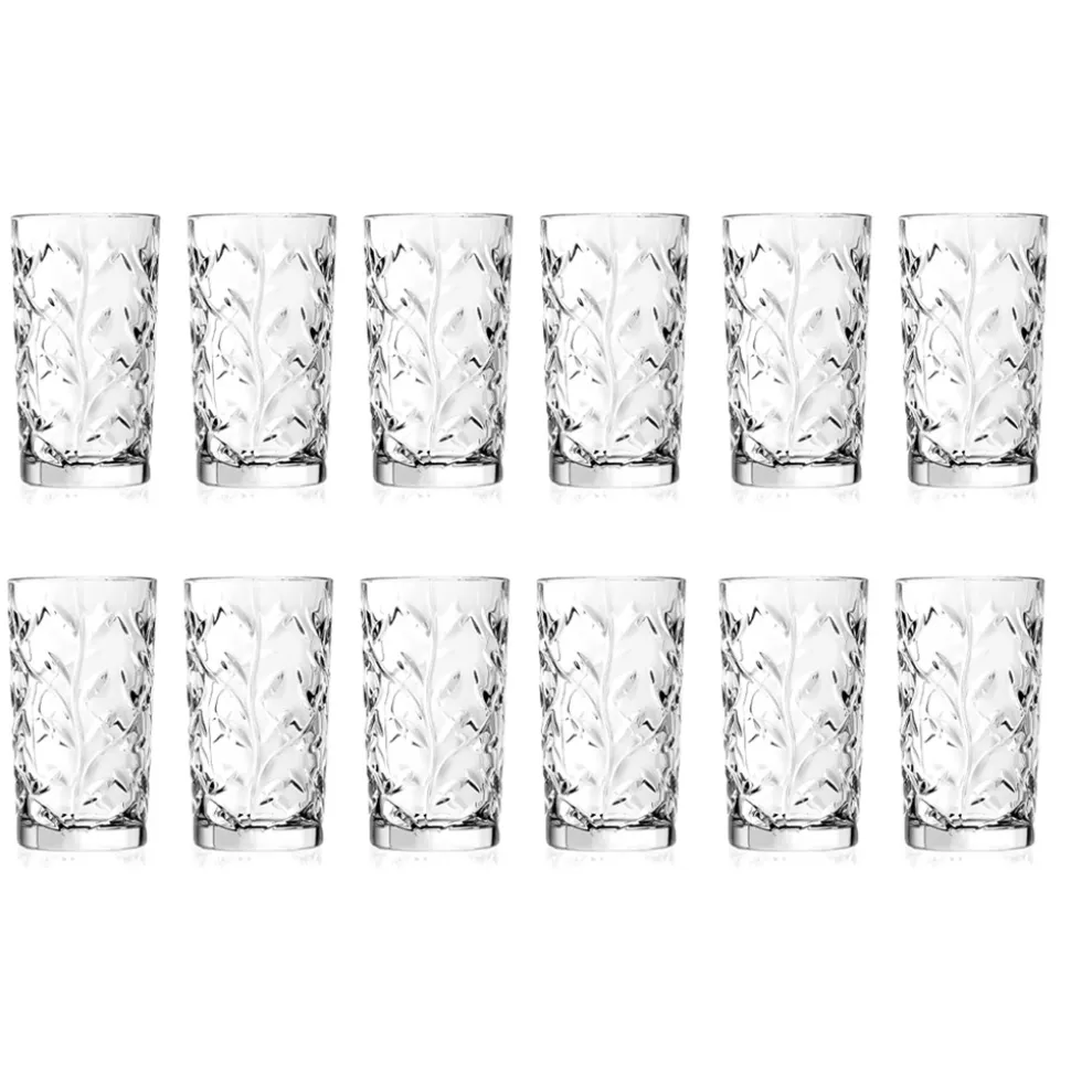 Bicchieri Tumbler Alti in Eco Cristallo Decoro a Foglia 12 Pz - Magnolio
