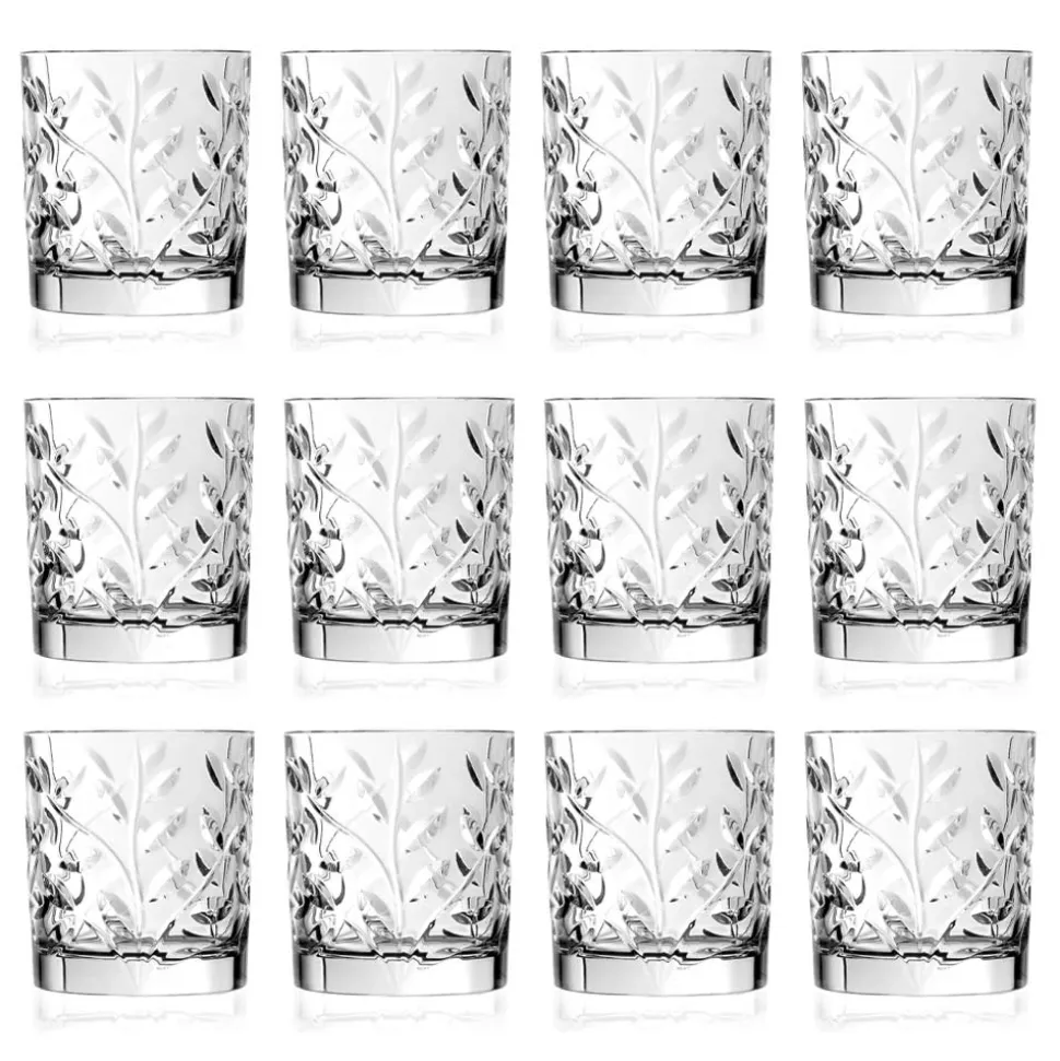 Bicchieri Tumbler Bassi in Eco Cristallo Decoro a Foglia 12 Pz - Magnolio
