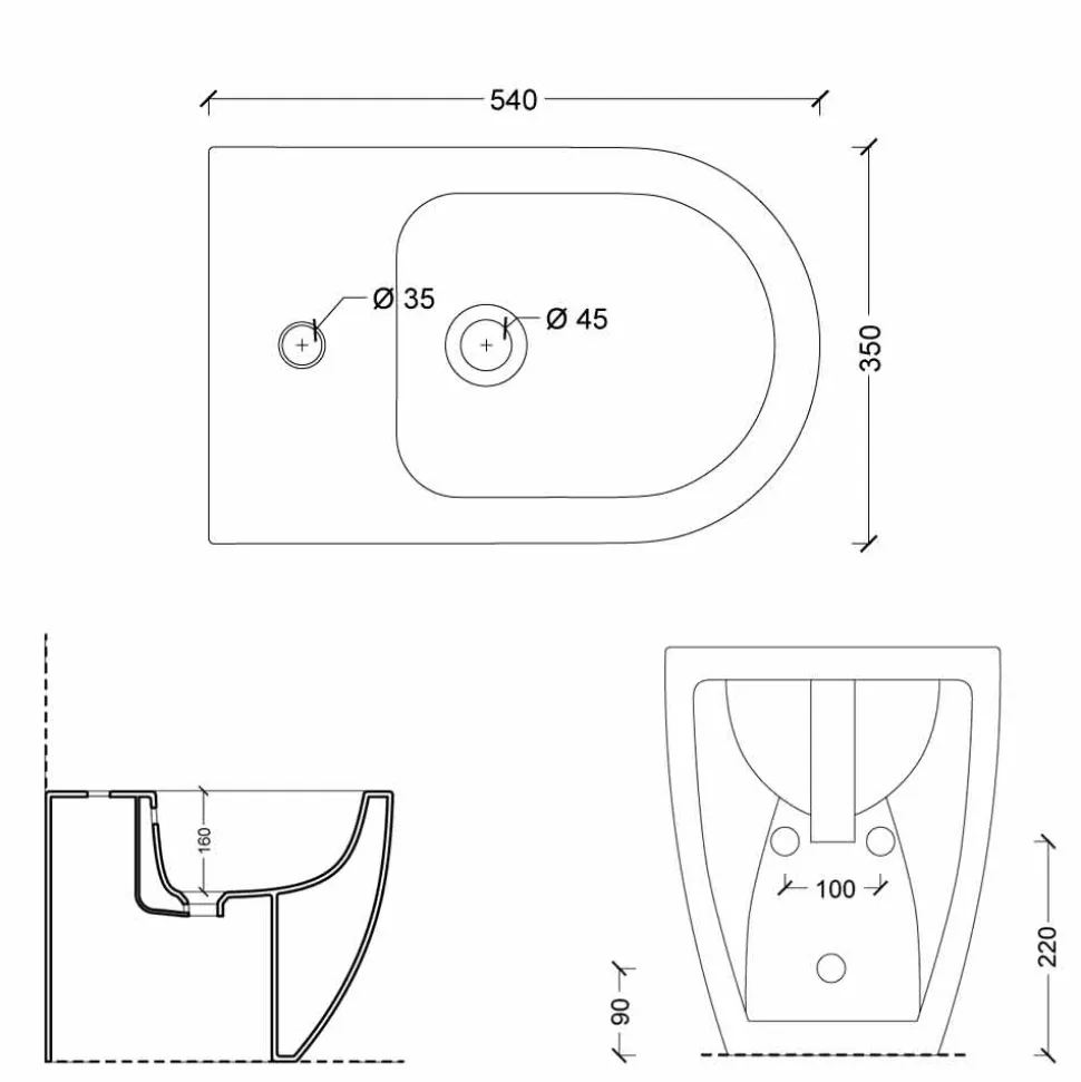Bidet in ceramica moderno Shine Square Rimless 54x35cm made in Italy