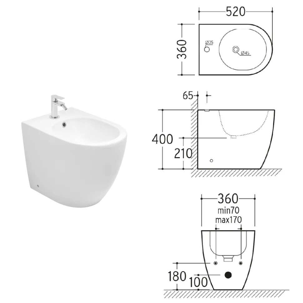 Bidet Monoforo a Terra in Ceramica Bianca Resistente e Design Moderno - Aster
