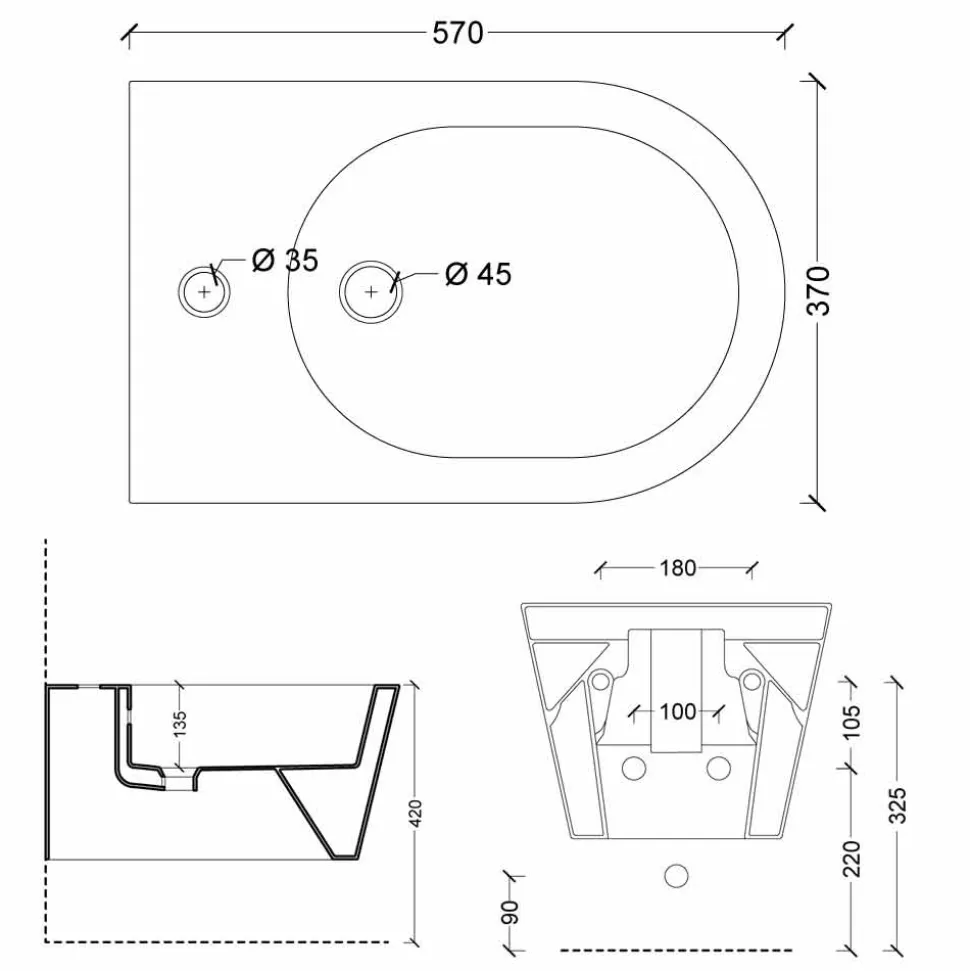 Bidet sospeso in ceramica di design Sun Round 57x37cm, made in Italy