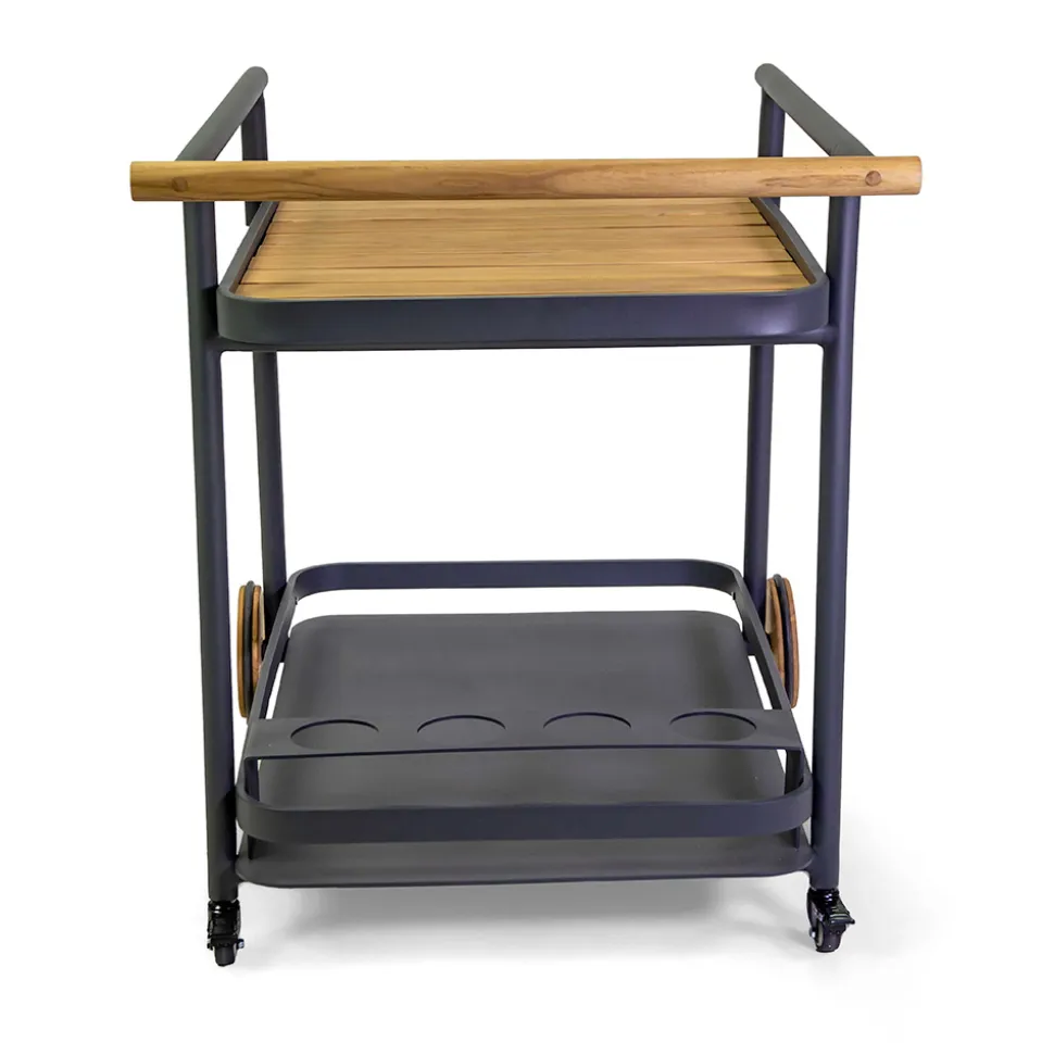 Carrello in Alluminio di Diverse Finiture con Ruote e Dettagli in Teak - Tenda