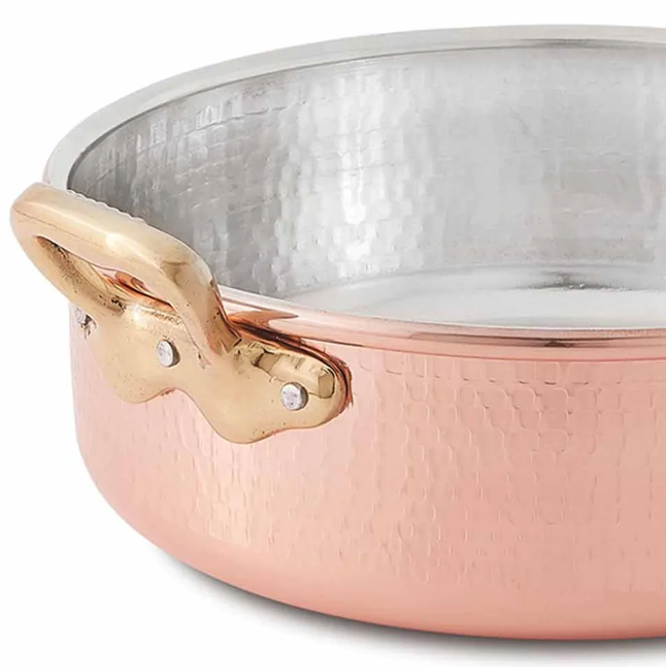 Casseruola Bassa in Rame Stagnato a Mano, Tonda con 2 Manici 20 cm - Gianfranco