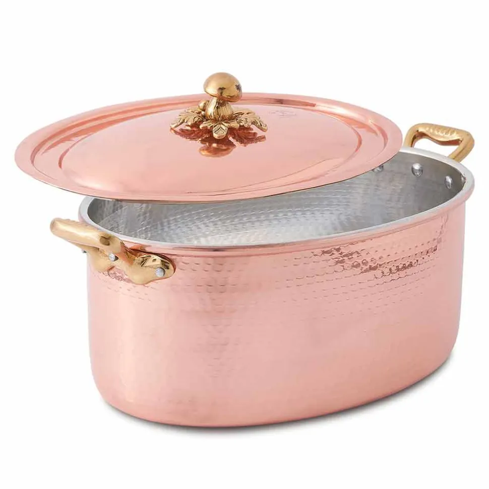 Casseruola in Rame Ovale Stagnato a Mano da Forno e Coperchio 27x20 cm - Mariag