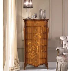 Cassettiera 7 Cassetti in Legno Noce Intarsiato Made in Italy - Commodo
