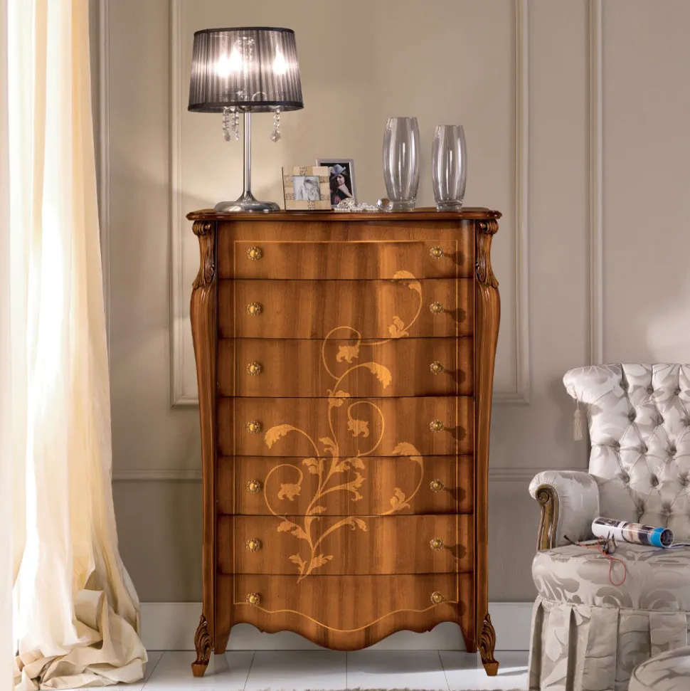 Cassettiera 7 Cassetti in Legno Noce Intarsiato Made in Italy - Commodo