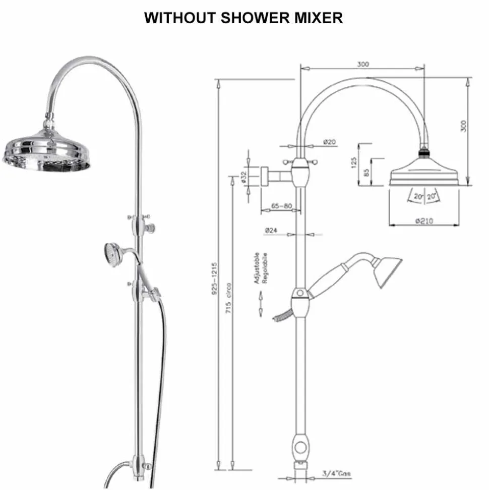 Colonna Doccia in Ottone con Soffione Rotondo e Doccetta Made in Italy - Brillo