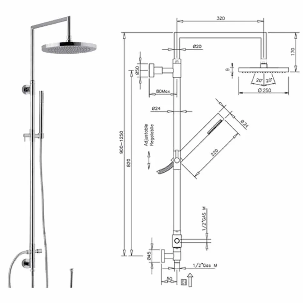 Colonna Doccia in Ottone Cromato con Doccetta in Abs Made in Italy - Selvio