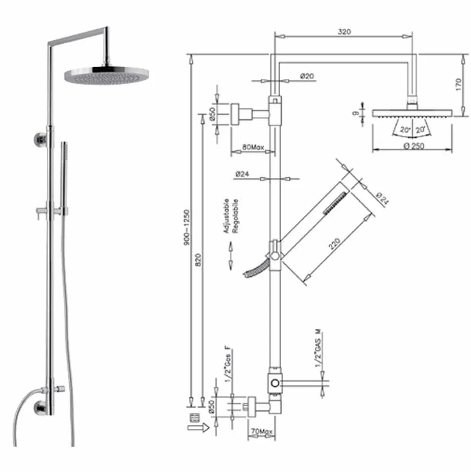 Colonna Doccia in Ottone Cromato con Doccetta in Abs Made in Italy - Selvio