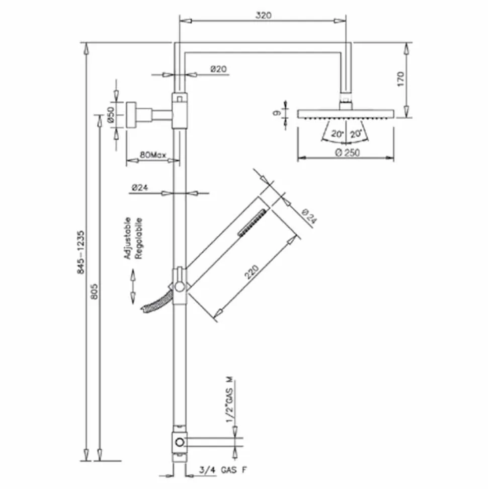 Colonna Doccia in Ottone Cromato con Doccetta in Abs Made in Italy - Selvio