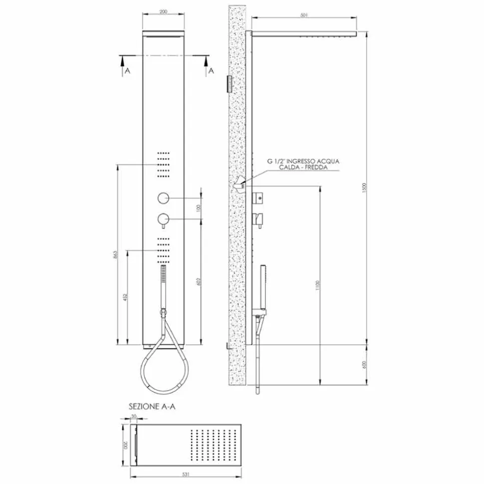 Colonna Doccia Pannello in Acciaio con Soffione a Pioggia Made in Italy - Sailor