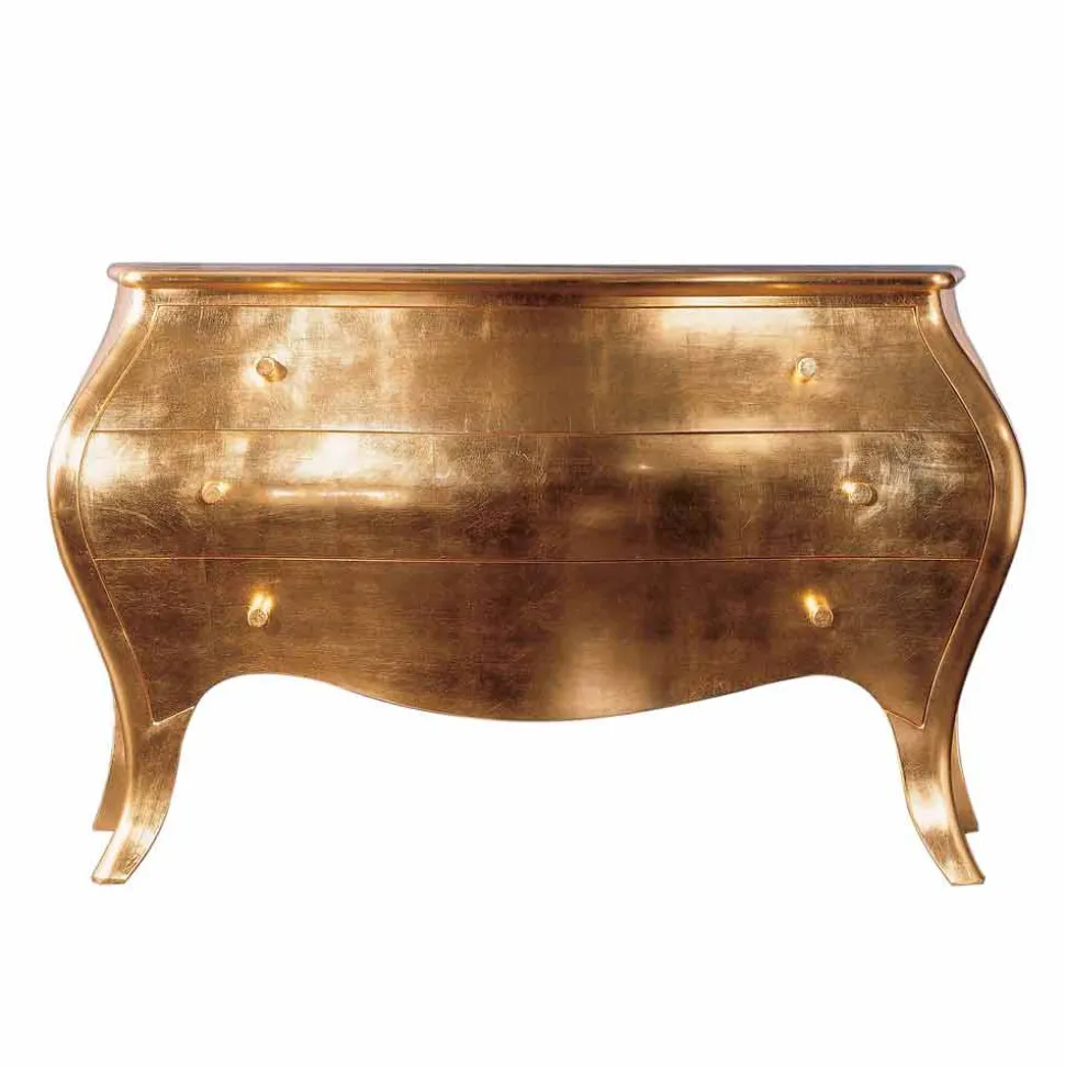 Comò 3 cassetti in legno massello oro design, made in Italy, Giotto