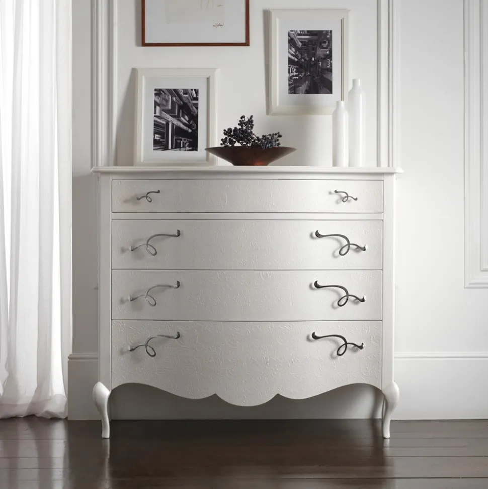 Comò in Legno Bianco Perla a Rilievo con Maniglie Cromate Made in Italy - Berlino