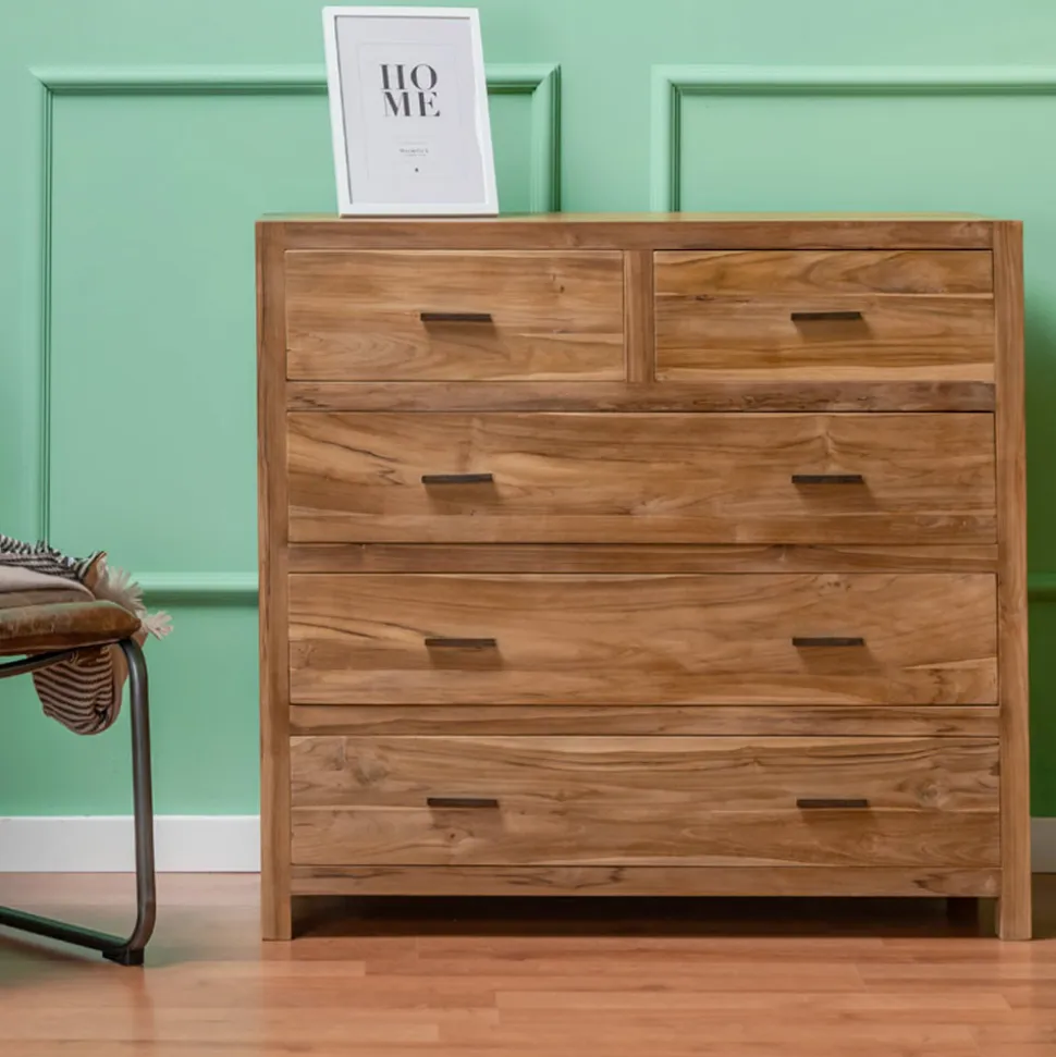 Comò in Teak Massello con 5 Cassetti - Tang