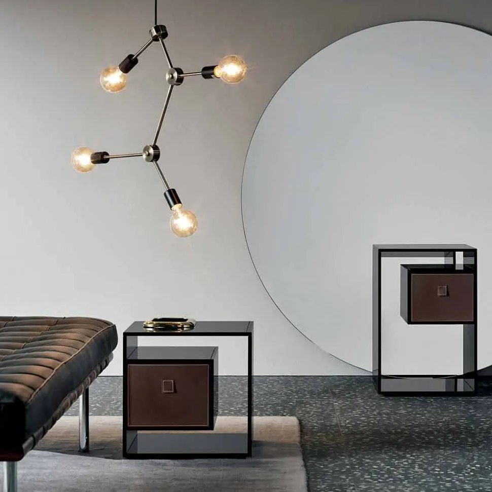 Comodino Tavolino in Vetro Fumè con Cassetto in Cuoio 2 Dimensioni - Linzy