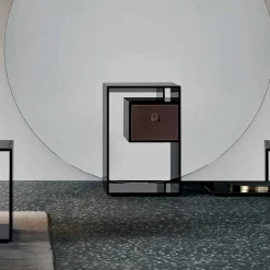 Comodino Tavolino in Vetro Fumè con Cassetto in Cuoio 2 Dimensioni - Linzy