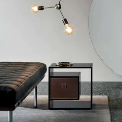 Comodino Tavolino in Vetro Fumè con Cassetto in Cuoio 2 Dimensioni - Linzy
