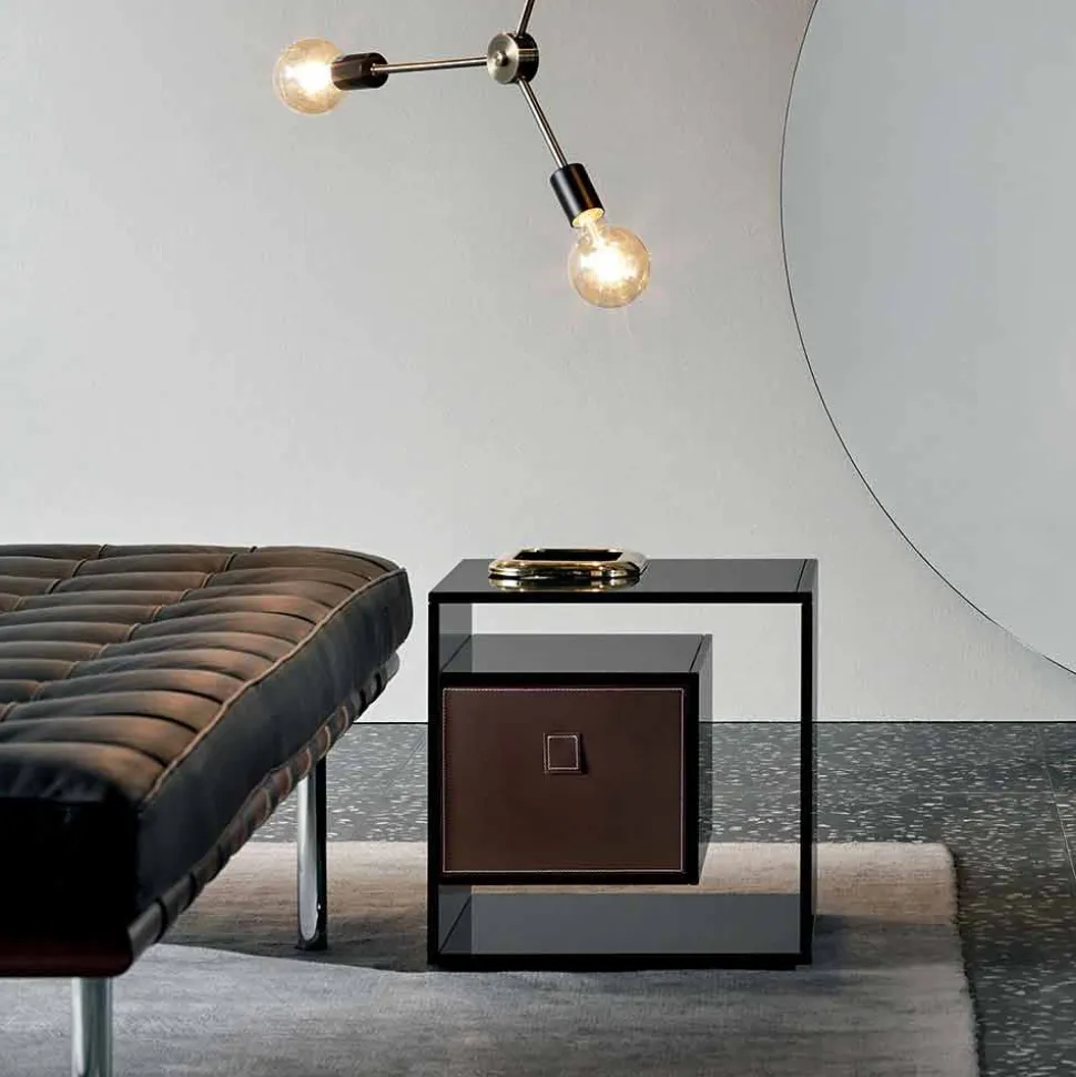 Comodino Tavolino in Vetro Fumè con Cassetto in Cuoio 2 Dimensioni - Linzy