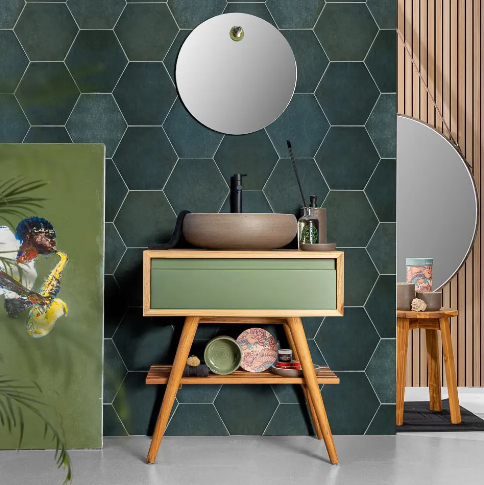 Composizione Arredo Bagno con Mobile in Teak Naturale e Lavabo - Carolie