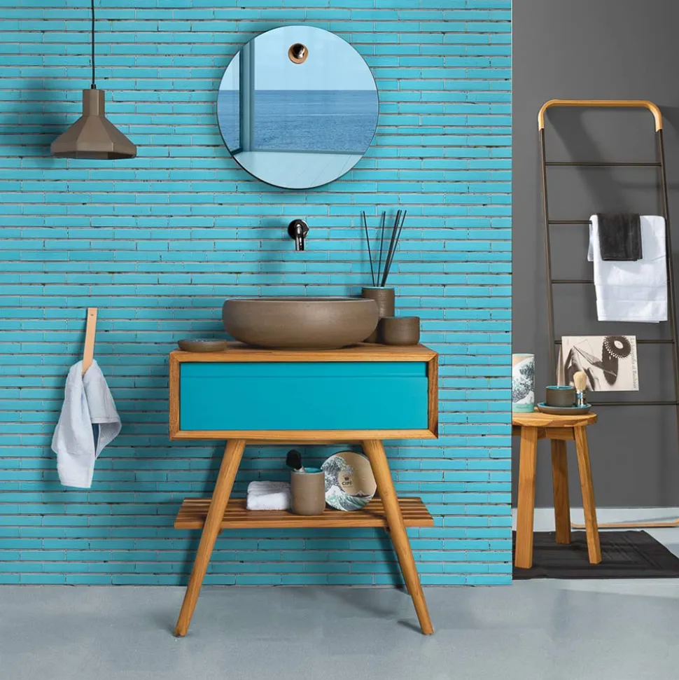 Composizione Arredo Bagno Incluso di Accessori con Dettagli Blu - Carolie