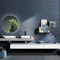 Composizione Bagno Color Cemento e Bianco Lucido con Lavabo, Specchio e Base - Palom