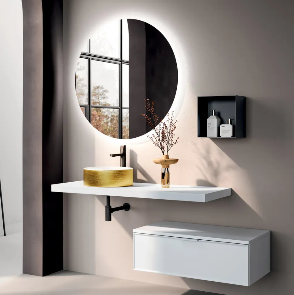 Composizione Bagno Comprensiva di Base con Cassetto, Lavabo, Specchio e Cubo - Orione