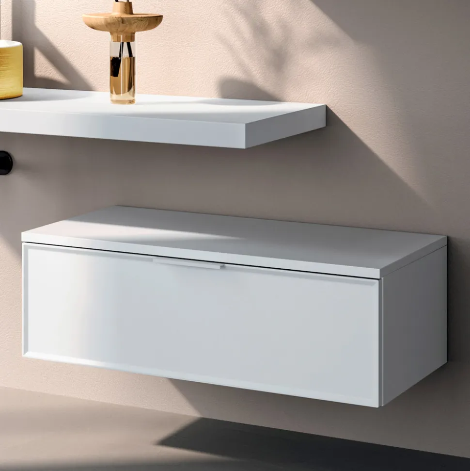 Composizione Bagno Comprensiva di Base con Cassetto, Lavabo, Specchio e Cubo - Orione