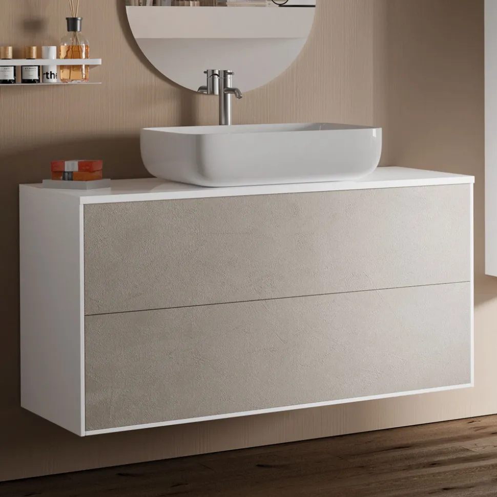 Composizione Bagno con Base Pietra Avana, Specchio e Lavabo Made in Italy - Kilos