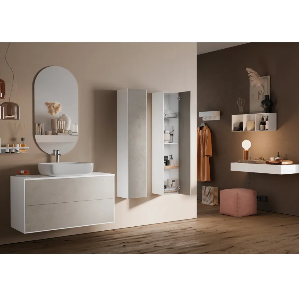 Composizione Bagno con Base Pietra Avana, Specchio e Lavabo Made in Italy - Kilos