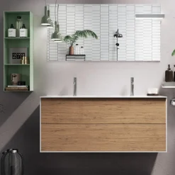Composizione Bagno con Base Rovere Miele, Lavabo e Specchio Made in Italy - Kilos
