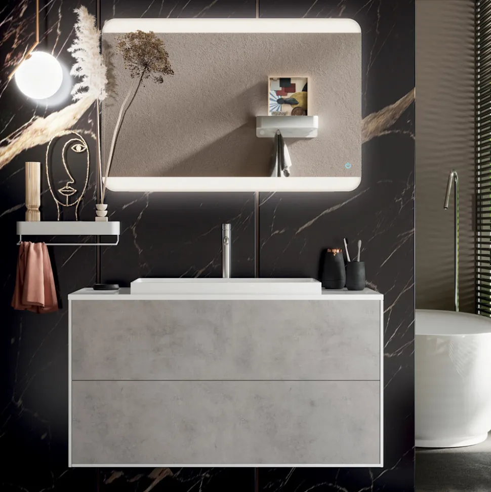Composizione Bagno con Base, Specchio e Lavabo in Resina Made in Italy - Kilos