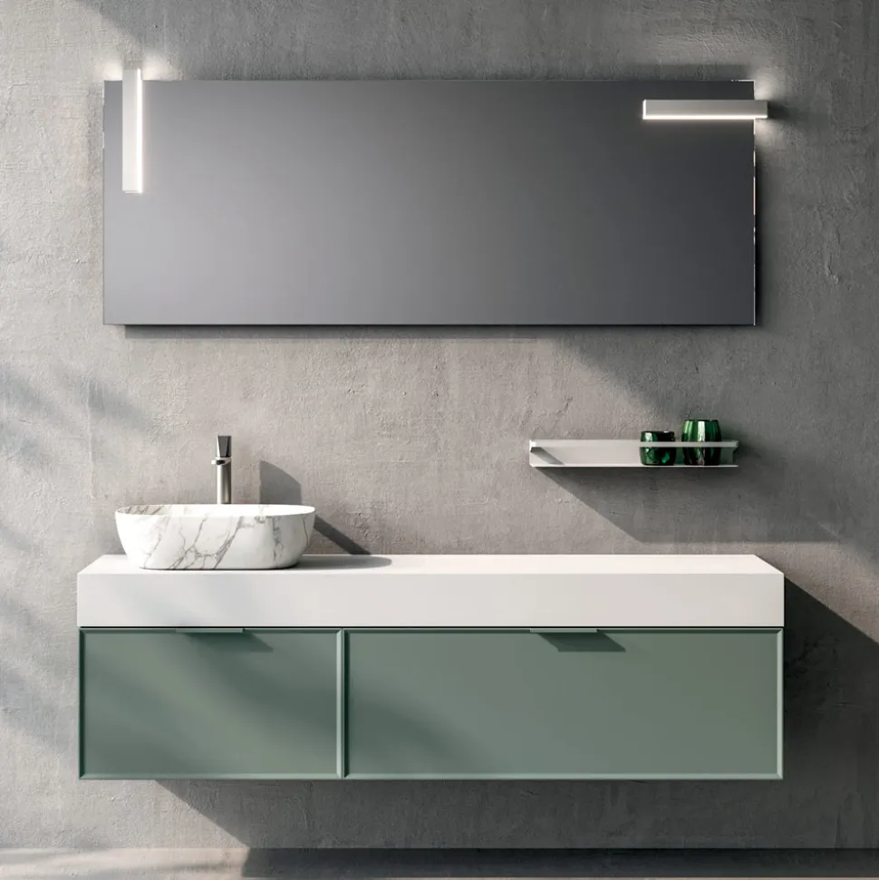 Composizione Bagno con 2 Cassetti, Lavabo in Ceramica Calacatta e Specchio - Orione