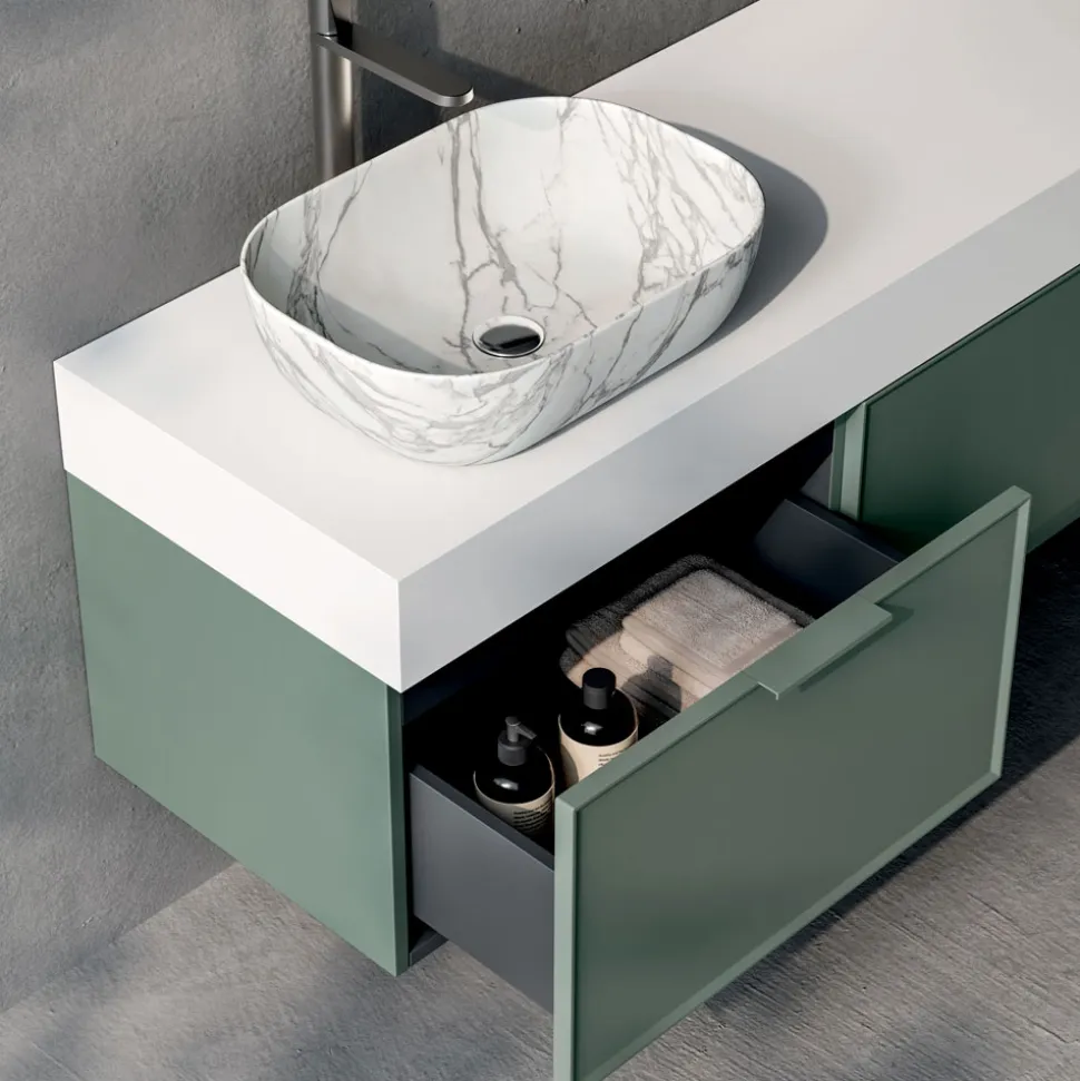 Composizione Bagno con 2 Cassetti, Lavabo in Ceramica Calacatta e Specchio - Orione